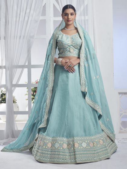 Light Blue Wedding Wear Lehenga Choli In Chiffon Silk