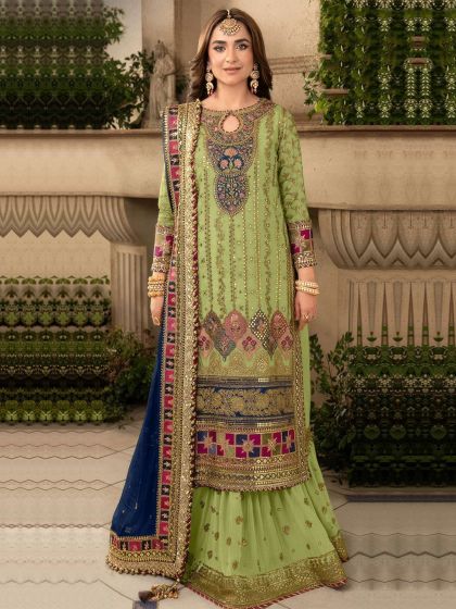Olive Green Gota Patti Enhanced Embroidered Indo Style Lehenga With Kurti