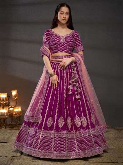 Magenta Zari Embroidered Bridal Designer Lehenga Choli In Silk