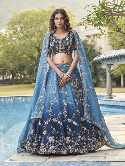 Blue Stone Embroidered Ombre Shaded Lehenga Choli