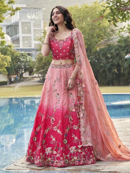 Pink Shaded Organza Lehenga Choli In Stone Work