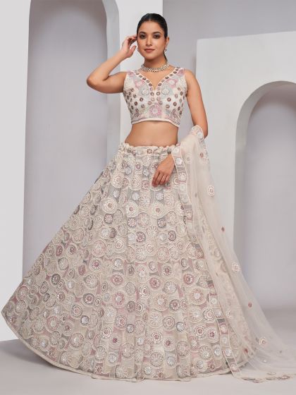 Off White Heavy Floral Embellished Lehenga Set