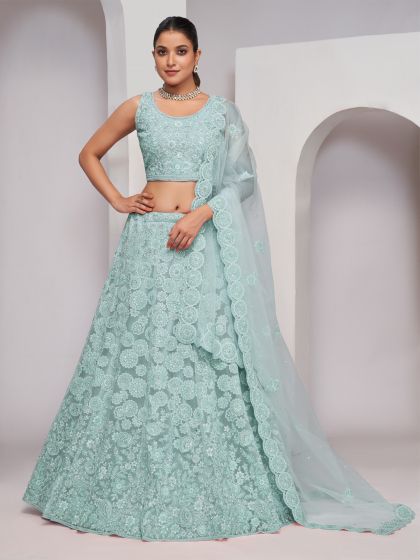 Light Blue Net Lehenga Choli In Floral Embroidery