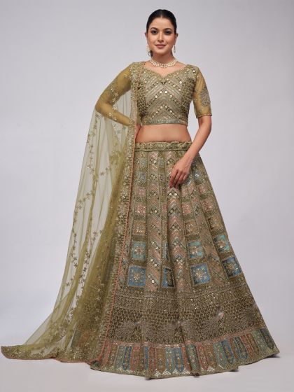 Olive Green Heavy Zari Embroidered Lehenga Choli