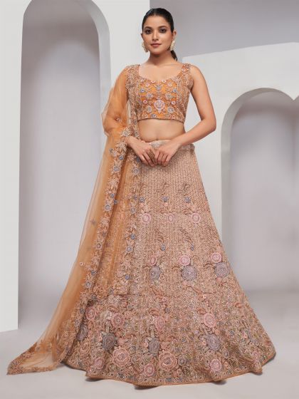 Peach Wedding Lehenga Set In Floral Eembroidery