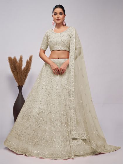 Off White Floral Embroidered Net Lehenga Choli