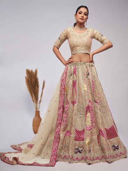 Beige Zari Embroidered Traditional Lehenga Choli