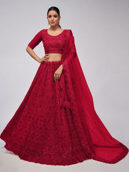 Red Heavy Thread Embellished Lehenga Choli