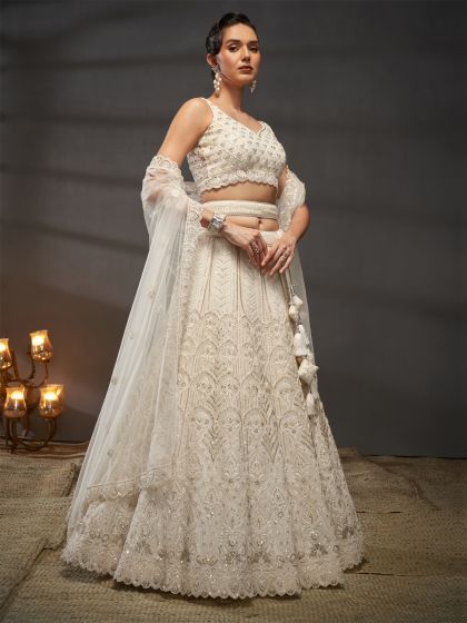 Off White Sequins Bridesmaid Lehenga Choli In Net