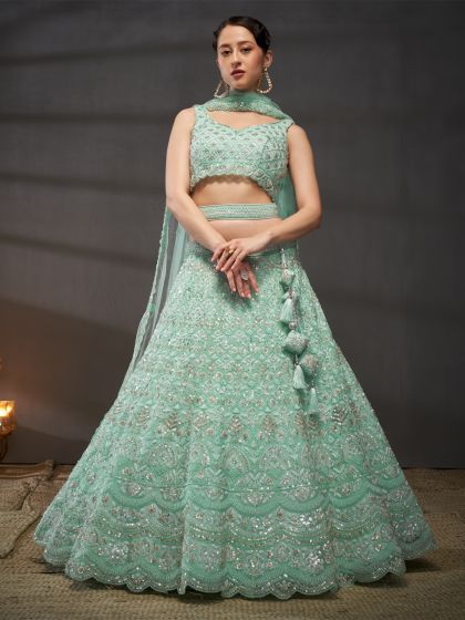 Sea Green Net Lehenga Choli In Heavy Embroidery