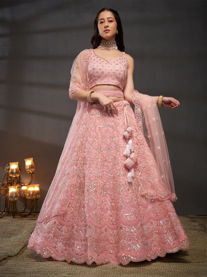 Pink Heavy Embroidered Net Lehenga Choli