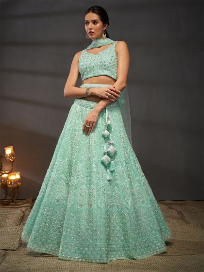 Turquoise Sequins Enhanced Lehenga Choli