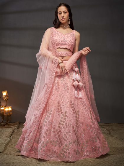 Pink Sequins Embroidered Lehenga Choli In Net