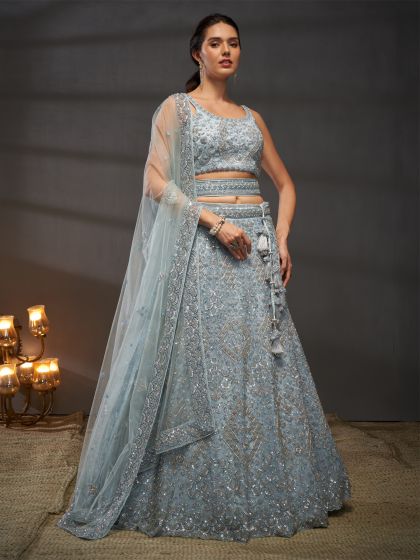 Soft Blue Sequins Adorned Net Lehenga Choli 