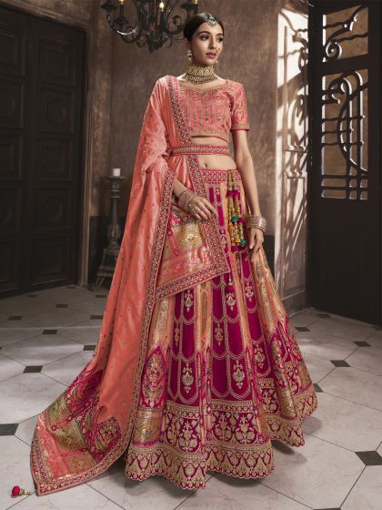 Peach & Pink Silk Embroidered Wedding Lehenga Choli