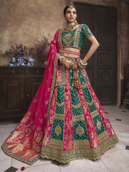 Green & Pink Zari Embroidered Wedding Lehenga Choli