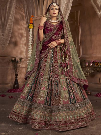 Green And Maroon Bridal Lehenga Choli In Resham Embroidery