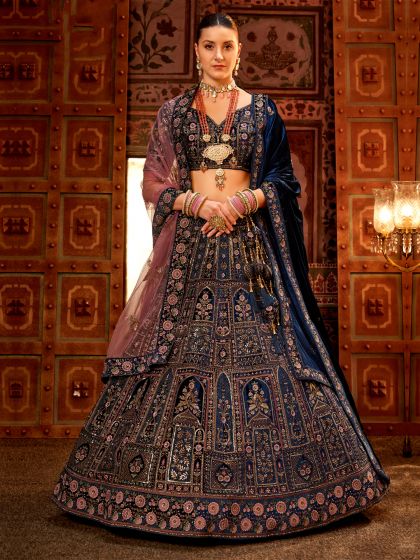 Navy Blue Heavy Embroidered Velvet Wedding Lehenga Choli