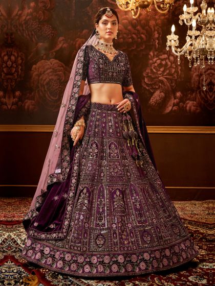 Wine Embroidered Wedding Lehenga Choli In Velvet