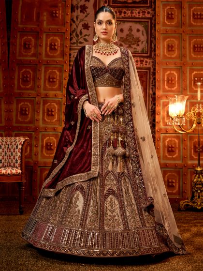 Golden Stone Embroidered Bridal Lehenga Choli In Velvet