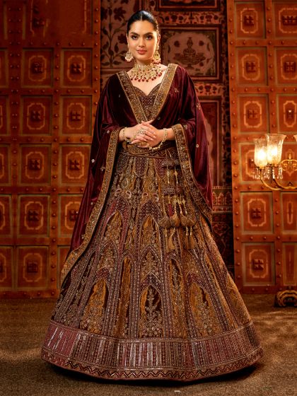 Metallic Golden Stone Embroidered Velvet Bridal Lehenga Choli