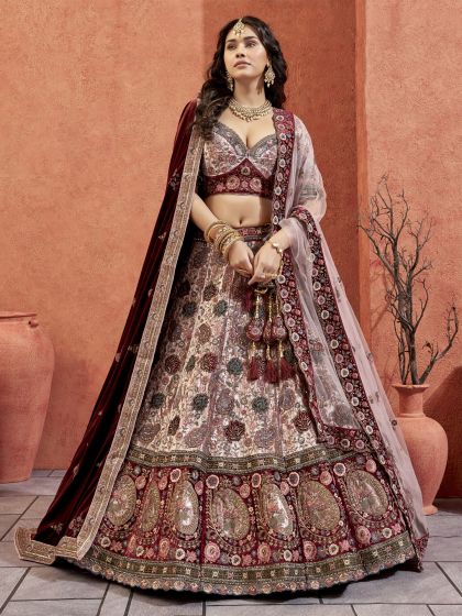 Pastel Cream Embroidered Velvet Lehenga Choli