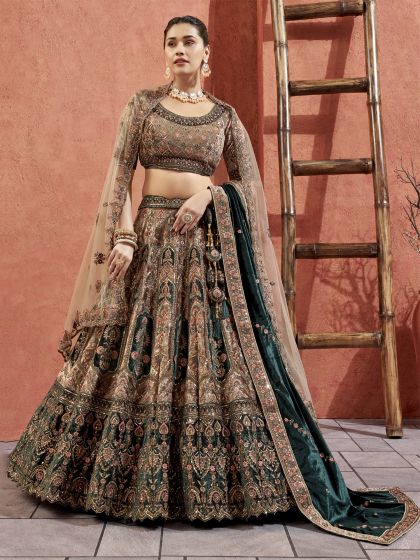 Royal Green And Beige Embroidered Bridal Lehenga Choli