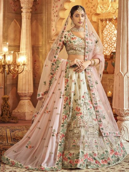 Ivory Floral Embroidered Wedding Lehenga Choli In Silk