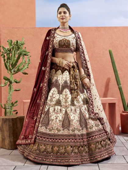 Cream Stone Embellished Wedding Lehenga Choli In Silk