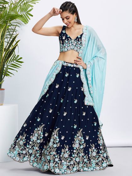 Deep Blue Georgette Lehenga Choli Set In Sequins Embroidery