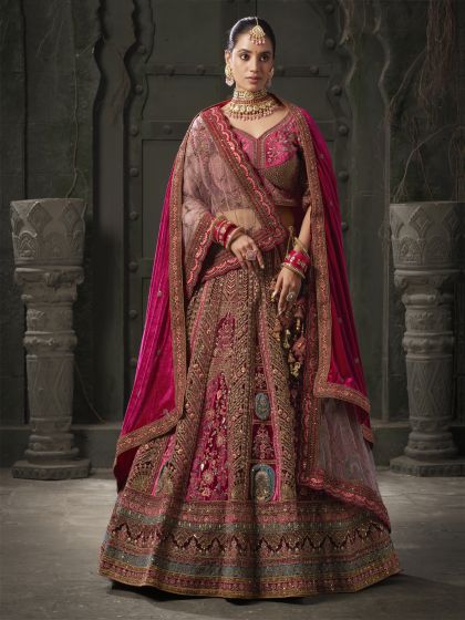 Maroon Heavy Stone Embroidered Bridal Lehenga Set In Velvet