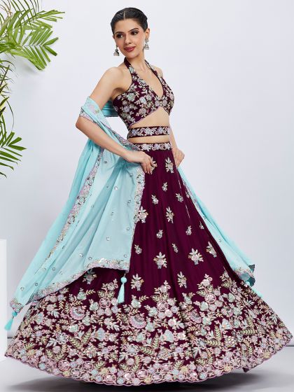 Wine Embroidered Lehenga Choli In Georgette