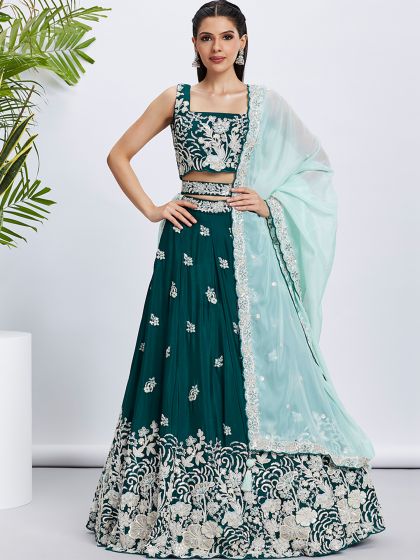 Rama Green Chiffon Embroidered Lehenga Choli Set