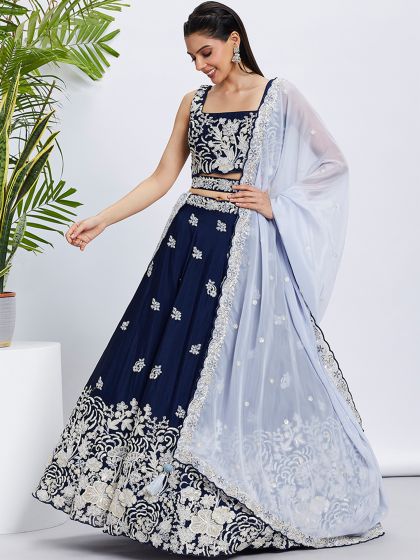 Navy Blue Floral Embroidered Lehenga Choli In Georgette