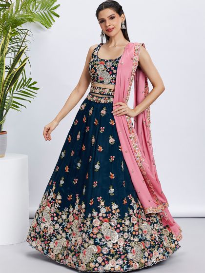 Teal Blue Heavy Floral Embroidered Lehenga Choli