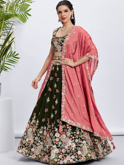 Deep Green Floral Thread Embroidered Lehenga Choli