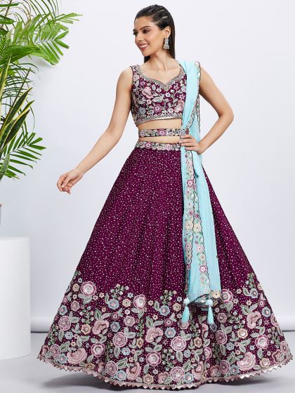 Magenta Stone Embroidered Lehenga Choli In Chiffon