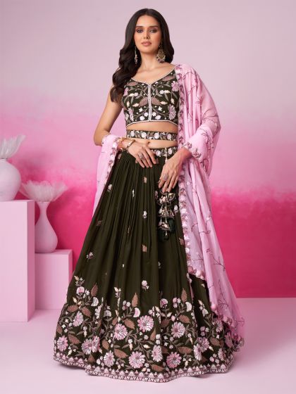 Dark Green Satin Lehenga Choli In Thread Work