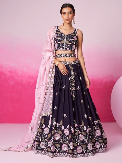 Purple Floral Thread Embellished Lehenga Choli In Satin