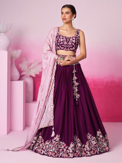 Wine Thread Work Lehenga Choli With Dupatta In Georgette