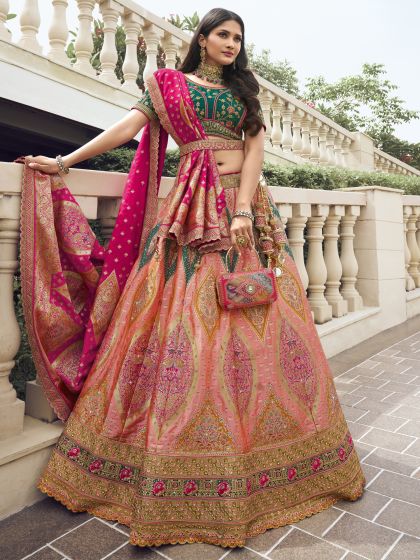 Peach Banarasi Silk Wedding Lehenga Choli