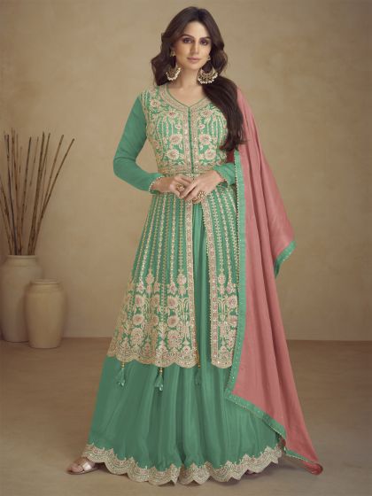 Sea Green Zari Embroidered Indo Style Lehenga Choli