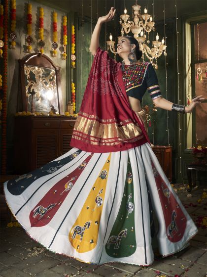 White Navratri Lehenga Choli In Mirror Work