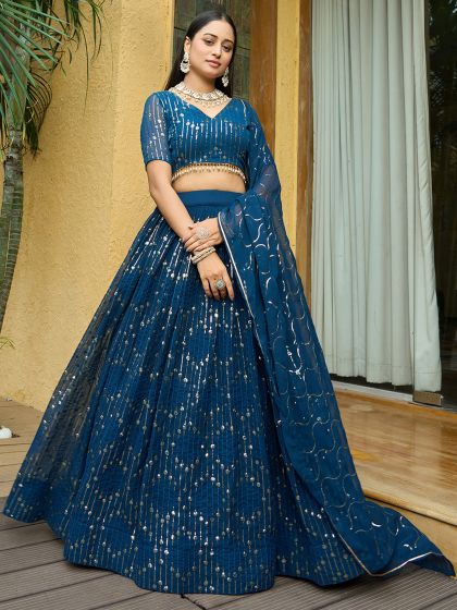 Blue Sequins Embroidered Lehenga Choli In Georgette