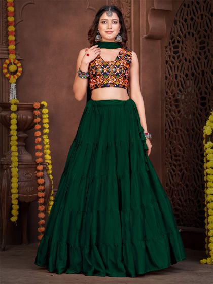 Dark Green Navratri Lehenga Choli With Thread Embroidery