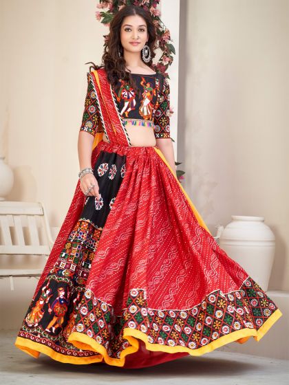 Red Navratri Lehenga Choli In Bandhej Print