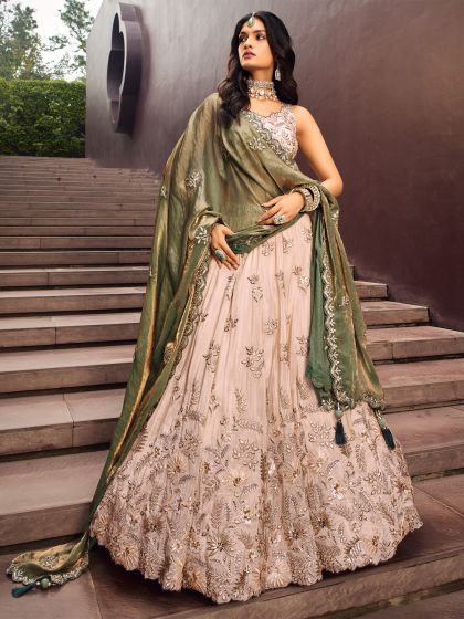 Dusty Cream Floral Embroidered Lehenga Choli In Silk