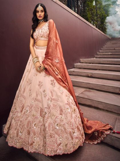 Dusty Pink Thread Embroiderd Lehenga Choli In Silk