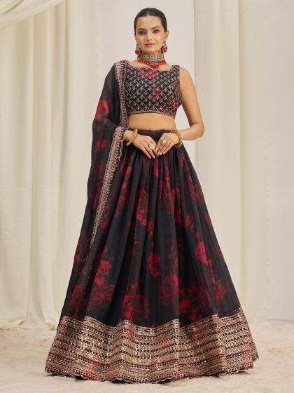 Black Floral Printed Lehenga Choli In Organza