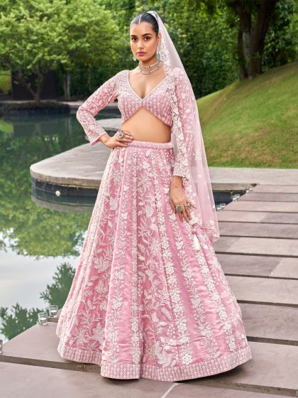 Baby Pink Stone Embroiderd Lehanga Choli In Organza